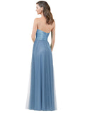 RightBrides Donna Blue A-Line Strapless Floor Length Long Bridesmaid Dress with Low Back