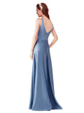 RightBrides Mignon Blue A-Line High Neck Long Satin Bridesmaid Dress