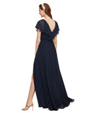 Long A-Line V-Neck Dark Navy Chiffon Bridesmaid Dress Gabriel