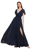 Long A-Line V-Neck Dark Navy Chiffon Bridesmaid Dress Gabriel