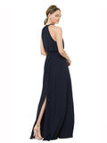 Long A-Line Halter, High Neck Sleeveless Dark Navy Chiffon Bridesmaid Dress Elliot