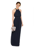 Long A-Line Halter, High Neck Sleeveless Dark Navy Chiffon Bridesmaid Dress Elliot