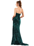 RightBrides Yusra Dark Green Sexy and Sleek Long Sheath Sweetheart Sweep Train Sleeveless Velvet Sequin Prom Dress with Low Open Back & High Slit