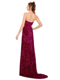 RightBrides Yusra Dark Fuchsia Sexy and Sleek Long Sheath Sweetheart Sweep Train Sleeveless Velvet Sequin Prom Dress with Low Open Back & High Slit