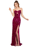 RightBrides Yusra Dark Fuchsia Sexy and Sleek Long Sheath Sweetheart Sweep Train Sleeveless Velvet Sequin Prom Dress with Low Open Back & High Slit