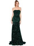 RightBrides Ocean Dark Green Sexy and Sleek Long Mermaid Strapless Sweep Train Sleeveless Velvet Sequin Prom Dress with Low Open Back