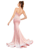 RightBrides Ocean Pink Sexy and Sleek Long Mermaid Strapless Sweep Train Sleeveless Velvet Sequin Prom Dress with Low Open Back