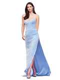 RightBrides Eira Sky Blue Sexy and Sleek Long Sheath Strapless Sweetheart V-Neck Sweep Train Sleeveless Velvet Sequin Prom Dress with Low Open Back