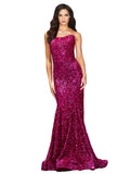 RightBrides Peggy Dark Fuchsia Sexy and Sleek Long Scoop Neck Sweep Train Sleeveless Velvet Sequin Prom Dress with Criss Cross Low Open Back