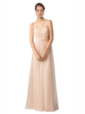 Long A-Line Sweetheart Floor Length Sleeveless Nude Tulle Bridesmaid Dress Jaliyah