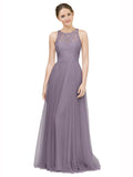 Long A-Line Illusion High Neck Sleeveless Heather Tulle Lace Bridesmaid Dress Alma