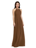 Long Sheath High Neck Halter Sleeveless Brown Chiffon Bridesmaid Dress Koloti