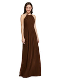 Long Sheath High Neck Halter Sleeveless Chocolate Chiffon Bridesmaid Dress Koloti