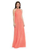 Long Sheath High Neck Halter Sleeveless Coral Chiffon Bridesmaid Dress Koloti