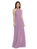 Long Sheath High Neck Halter Sleeveless Dark Lavender Chiffon Bridesmaid Dress Koloti