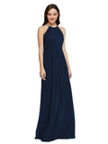 Long Sheath High Neck Halter Sleeveless Dark Navy Chiffon Bridesmaid Dress Koloti