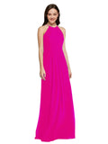 Long Sheath High Neck Halter Sleeveless Fuchsia Chiffon Bridesmaid Dress Koloti