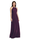 Long Sheath High Neck Halter Sleeveless Grape Chiffon Bridesmaid Dress Koloti