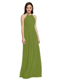 Long Sheath High Neck Halter Sleeveless Olive Green Chiffon Bridesmaid Dress Koloti