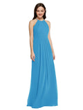 Long Sheath High Neck Halter Sleeveless Peacock Blue Chiffon Bridesmaid Dress Koloti