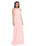 Long Sheath High Neck Halter Sleeveless Pink Chiffon Bridesmaid Dress Koloti