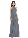 Long Sheath High Neck Halter Sleeveless Slate Grey Chiffon Bridesmaid Dress Koloti