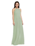 Long Sheath High Neck Halter Sleeveless Smoke Green Chiffon Bridesmaid Dress Koloti