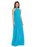 Long Sheath High Neck Halter Sleeveless Turquoise Chiffon Bridesmaid Dress Koloti