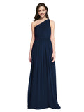 Long A-Line One Shoulder Sleeveless Dark Navy Chiffon Bridesmaid Dress Orlando