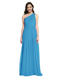 Long A-Line One Shoulder Sleeveless Peacock Blue Chiffon Bridesmaid Dress Orlando