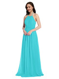 Long A-Line High Neck Halter Sleeveless Aqua Chiffon Bridesmaid Dress Larson