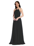 Long A-Line High Neck Halter Sleeveless Black Chiffon Bridesmaid Dress Larson