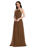 Long A-Line High Neck Halter Sleeveless Brown Chiffon Bridesmaid Dress Larson