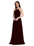 Long A-Line High Neck Halter Sleeveless Burgundy Gold Chiffon Bridesmaid Dress Larson