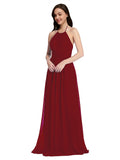 Long A-Line High Neck Halter Sleeveless Burgundy Chiffon Bridesmaid Dress Larson