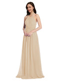 Long A-Line High Neck Halter Sleeveless Champagne Chiffon Bridesmaid Dress Larson