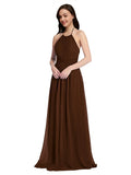 Long A-Line High Neck Halter Sleeveless Chocolate Chiffon Bridesmaid Dress Larson