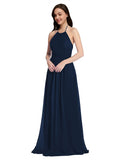 Long A-Line High Neck Halter Sleeveless Dark Navy Chiffon Bridesmaid Dress Larson