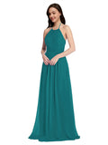 Long A-Line High Neck Halter Sleeveless Hunter Chiffon Bridesmaid Dress Larson