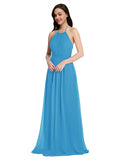 Long A-Line High Neck Halter Sleeveless Peacock Blue Chiffon Bridesmaid Dress Larson