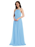 Long A-Line High Neck Halter Sleeveless Periwinkle Chiffon Bridesmaid Dress Larson