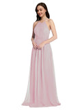 Long A-Line High Neck Halter Sleeveless Primrose Chiffon Bridesmaid Dress Larson