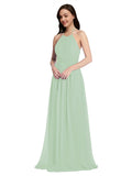 Long A-Line High Neck Halter Sleeveless Sage Chiffon Bridesmaid Dress Larson