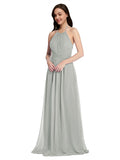 Long A-Line High Neck Halter Sleeveless Silver Chiffon Bridesmaid Dress Larson