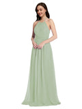 Long A-Line High Neck Halter Sleeveless Smoke Green Chiffon Bridesmaid Dress Larson