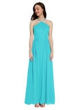 Long A-Line Halter Sleeveless Aqua Chiffon Bridesmaid Dress Raya