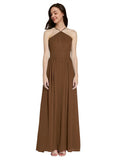 Long A-Line Halter Sleeveless Brown Chiffon Bridesmaid Dress Raya