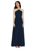 Long A-Line Halter Sleeveless Dark Navy Chiffon Bridesmaid Dress Raya