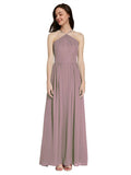 Long A-Line Halter Sleeveless Dusty Rose Chiffon Bridesmaid Dress Raya