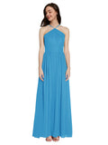 Long A-Line Halter Sleeveless Peacock Blue Chiffon Bridesmaid Dress Raya